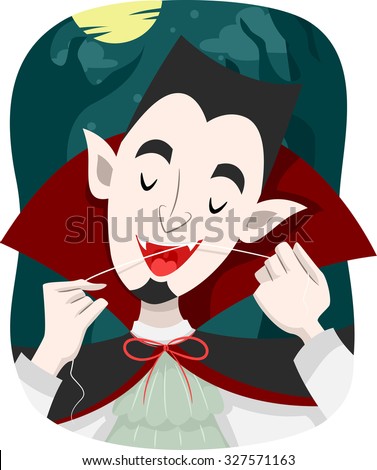 Illustration of a Vampire Using Dental Floss to Clean His Teeth