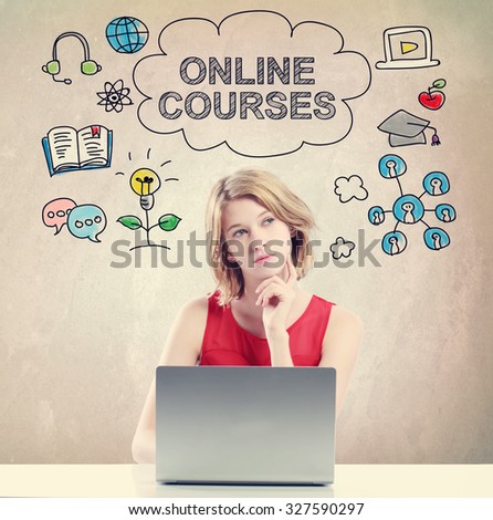 Online Courses  concept with young woman working on a laptop 