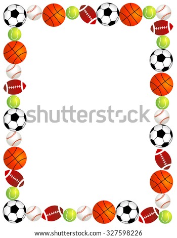 Five different sport balls border / frame on white background.