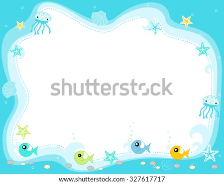 Ocean life, marine life border with cute fish , jellyfish, star fish and seashells illustration 