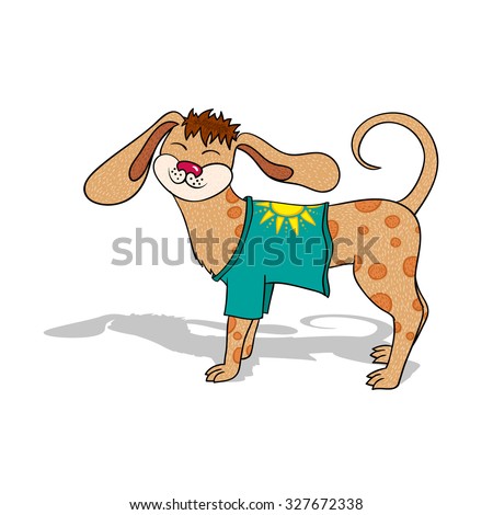 Cartoon glad dog on holiday. Puppy in t-skirt. Vector illustration - isolated pet.