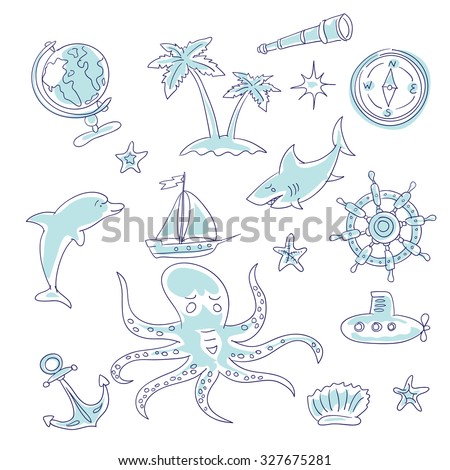 Beautiful set of vector elements on the theme of the sea