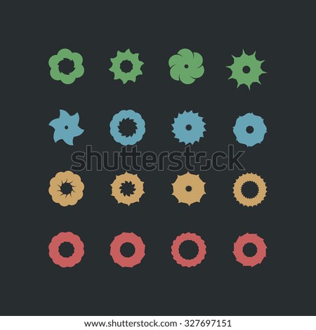Set of abstract colorful shapes on black background. Collection of flat circles.