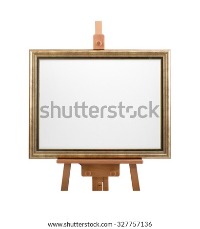 White painter canvas in frame on wooden easel isolated on white