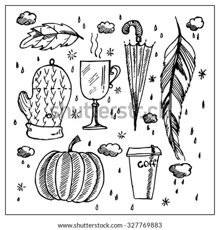 Autumn set with leaves, umbrella, mittens, pumpkin, clouds, raindrops, feathers and mulled wine 