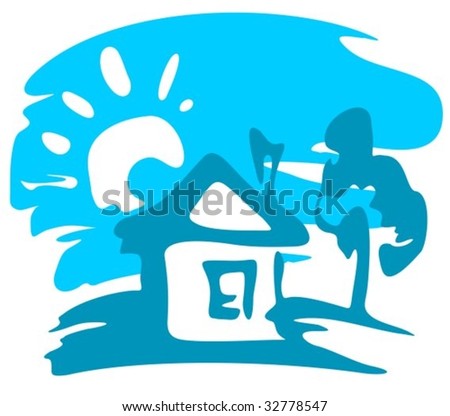 Cartoon rural house and tree on a blue background.