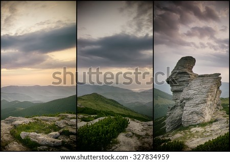 Carpathian mountains summer  sunrise landscape with  alpine pines and rocks - vintage collage
