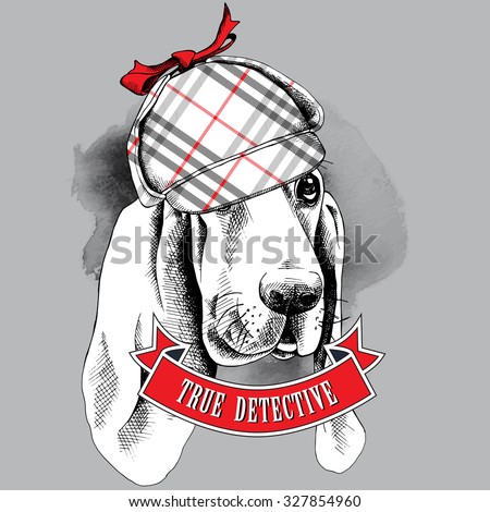 Poster with image of a Basset Hound dog in checkered deerstalker hat. Vector illustration.