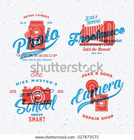 Retro Camera Photography Vector Labels or Logos with Vintage Typography. Shabby Textures. Textured Background.
