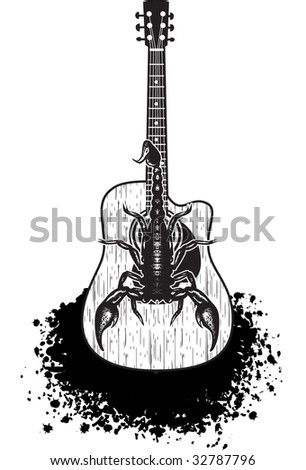Acoustic guitar with scorpion on it. Black silhouette on white background. One shape. Cool for t-shirt design or tattoo.