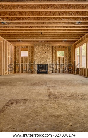 new house construction, wide view of great room
