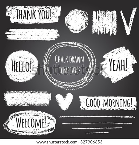 Chalk or pencil drawn graphic elements collection - strokes, stripes, frames, rectangle, oval and round shapes, heart, tick. Chalk forms on black board with lettering - thank you, hello, welcome etc.  Royalty-Free Stock Photo #327906653