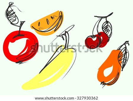 set Fruit, set, elements,   apple, vitamins, meal,  dessert,  menu, kitchen, garden,  fruit,  crop, vegetarianism,  diet,  banana, bananas,  ,  cherry,  card, drawing,   illustration,  icon,  