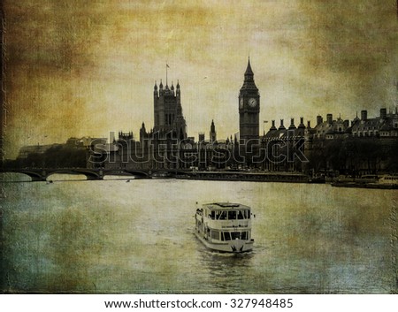 Old London image, river Thames with Big Ben clock tower in vintage background