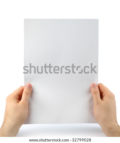 Male hands with clean sheet of paper isolated with clipping path over white