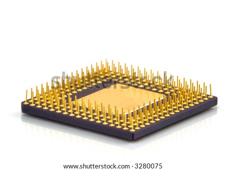 Computer CPU processor isolated on white background with a bit of reflective finish making the image look very classy.