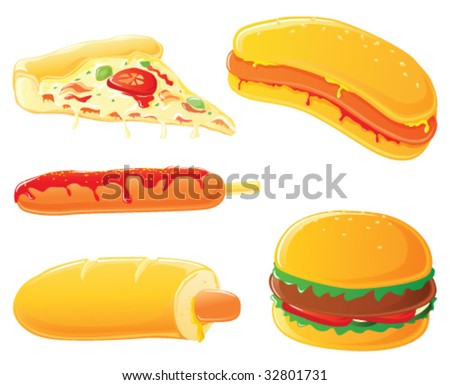 Fast food set. Hot dog, curry wurst, hamburger and pizza slice.