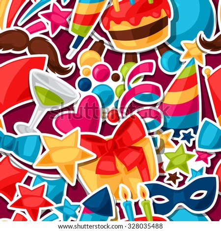 Carnival show and party seamless pattern with celebration stickers.