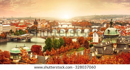Sunset landscape view to Charles bridge on Vltava river in Prague Czech republic. Illustration Royalty-Free Stock Photo #328037060