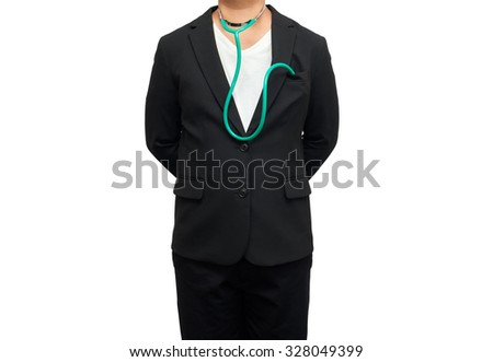 Doctor standing and hands behind on white background. Healthcare and medicine.