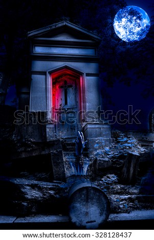 Cemetery Halloween background with graves and zombie hand 
