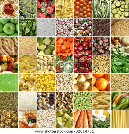 Food collage including 49 pictures of vegetables, fruit, pasta and more