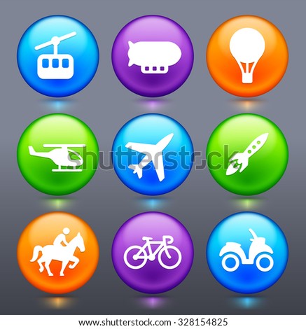 Transportation Travel and Exploration on Colorful Round Buttons