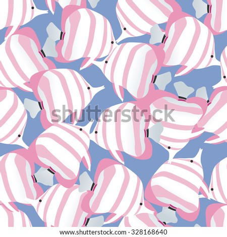 Seamless pattern with pink fishes on blue background