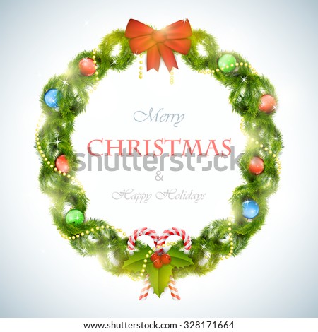 Christmas wreath with greeting vector illustration. Merry Christmas  greeting inside Christmas wreath decorated by bow, balls, garland, holly and candies.