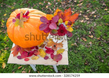 Big pumpkin and autumn leaves lie on a wooden table. Fotografiya made in the garden at sunset. Soft sunlight. Autumn background. Bouquet of maple leaves, rowan, hrizontem and daisies.