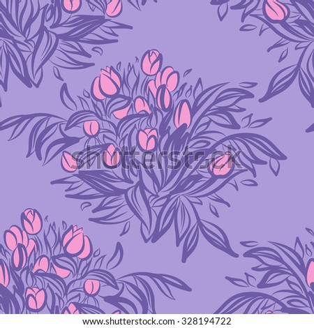 Seamless wallpaper pattern with tulips in vase. Sketch drawing on colorful background