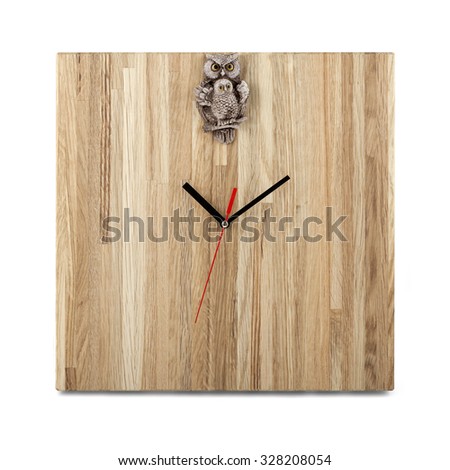 Simple wooden wall watch with owl - Square clock isolated on white background