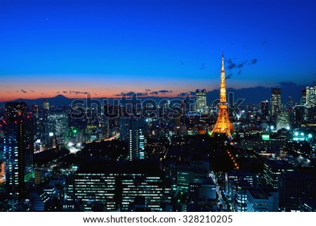 TOKYO cityscape at dusk with Tokyo tower