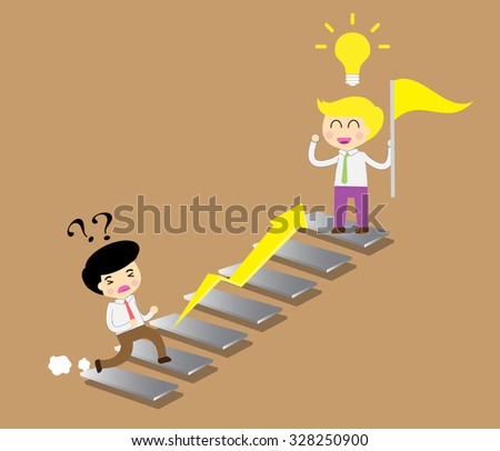 Businessman climbing ladder to Success. Vector illustration. Businessman climbing to goal. Motivation concept to be successful. winner. finish. win. flat design. graph.