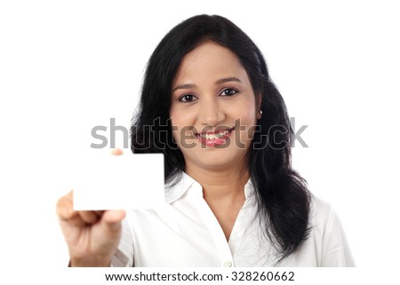 Business Woman holding a blank card against white