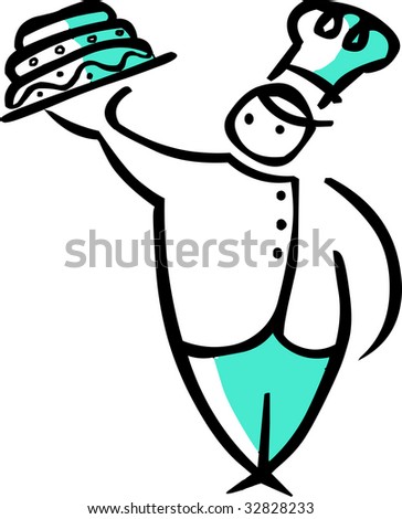 cartoon illustration of a head-cook with a cake on a tray at white background
