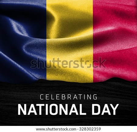 Romania flag and Celebrating National Day Typography on wood background