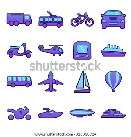 Transport icons set. Auto, bus, plane, ship, bicycle. Vector Illustration.