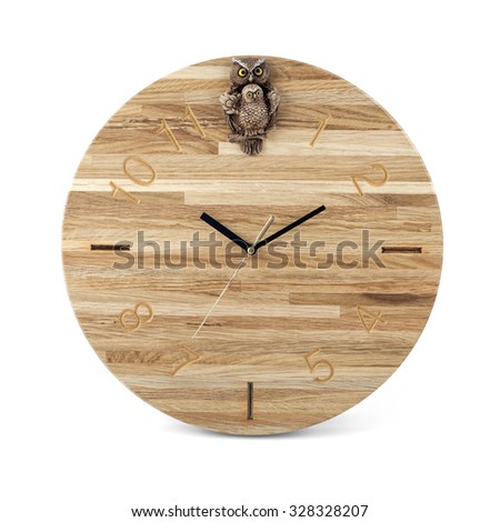 Wooden round wall watch with owl toy - clock isolated on white background