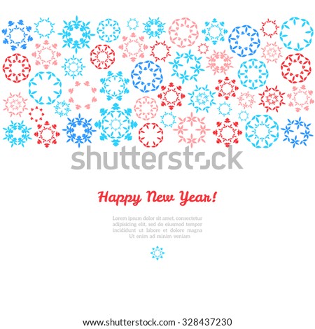 Light winter vintage background. Vector illustration. Various colorful winter snowflakes. Christmas background. Happy New Year. Place for your text. Season greetings. 