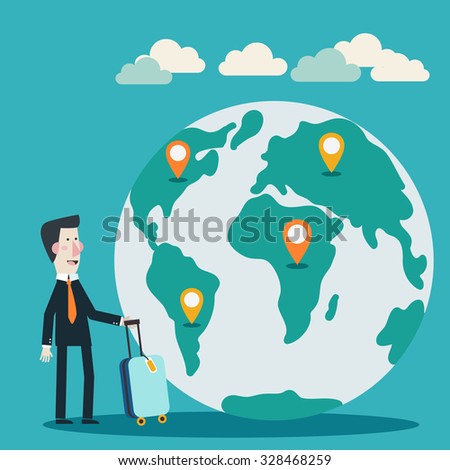 Global travel and journey modern illustration. International business travel and adventure vector concept. Businessman with suitcase over world map