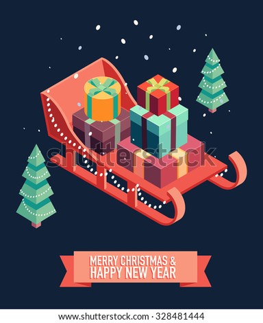 Isometric vector image of open sleigh with bunch of gifts. Merry Christmas and happy new year greeting card illustration.