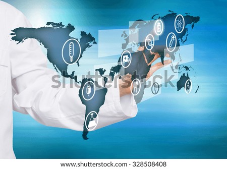 Hand of woman doctor touching icon of media screen