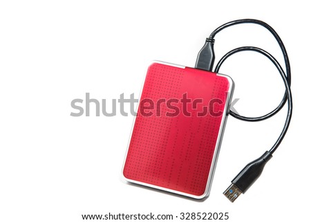 Red External Hard disk drive isolated on white background. Royalty-Free Stock Photo #328522025