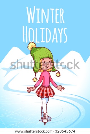 Cheerful blonde girl posing on skates. Winter Holidays. Vector clip-art illustration. A4 size.