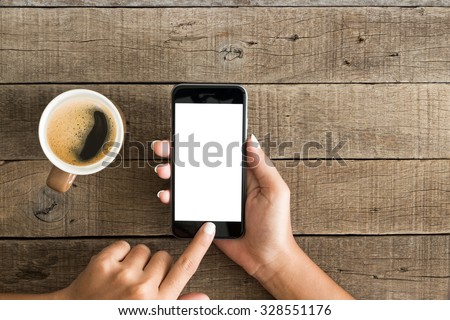 hand using phone white screen on top view Royalty-Free Stock Photo #328551176