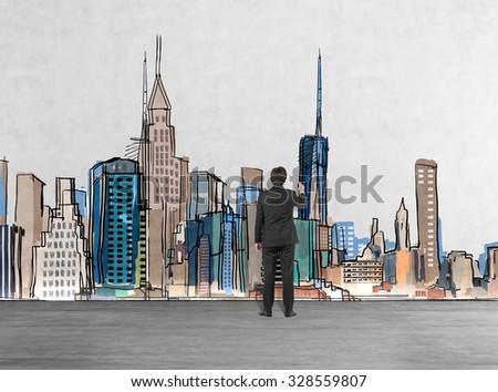 Rear view of a businessman who is drawing New York picture on the wall. A concept of financial consultancy.