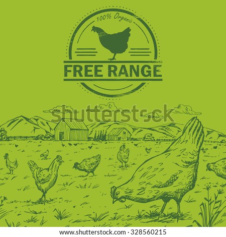 Illustration of a flock of pastured chickens with free range chicken stamp Royalty-Free Stock Photo #328560215
