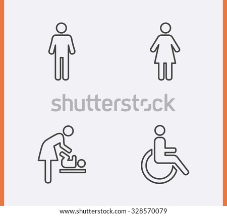 Restroom Icons thin line style: man, woman, wheelchair person symbol and baby changing
