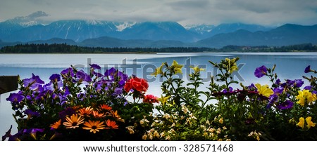 Scenic landscape with lake and flowers in Bavaria, Germany
